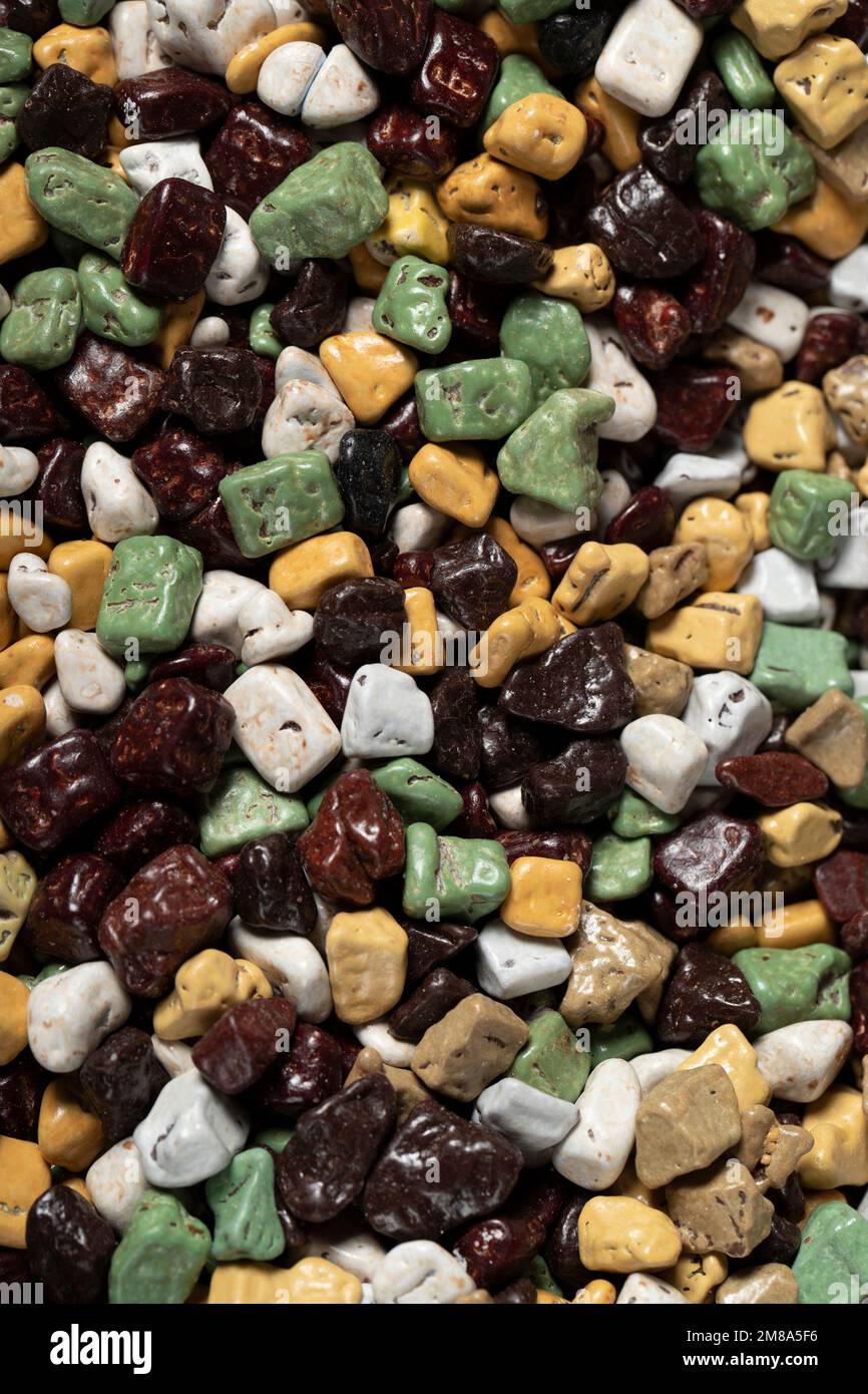 Heap shaped pebble chocolate. Stone rock chocolate. Top view. close up Stock Photo
