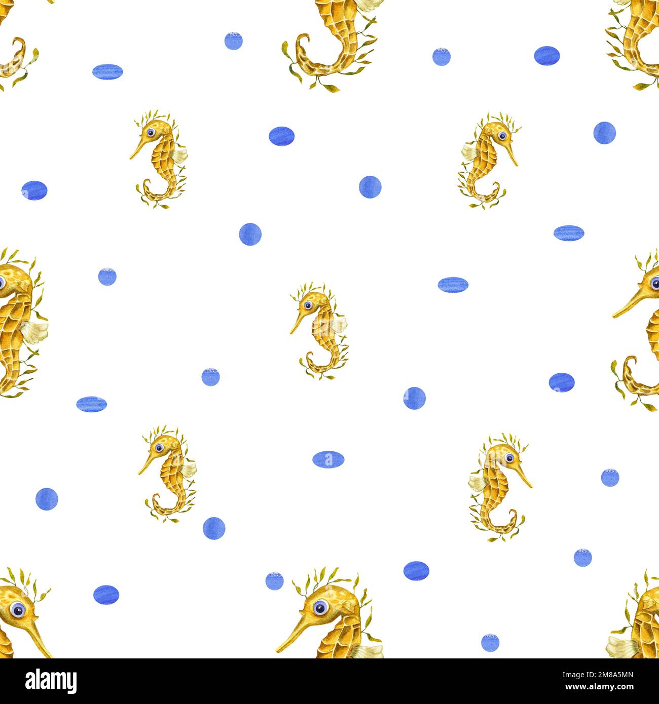 Watercolor underwater seamless pattern of seahorses on white background ...