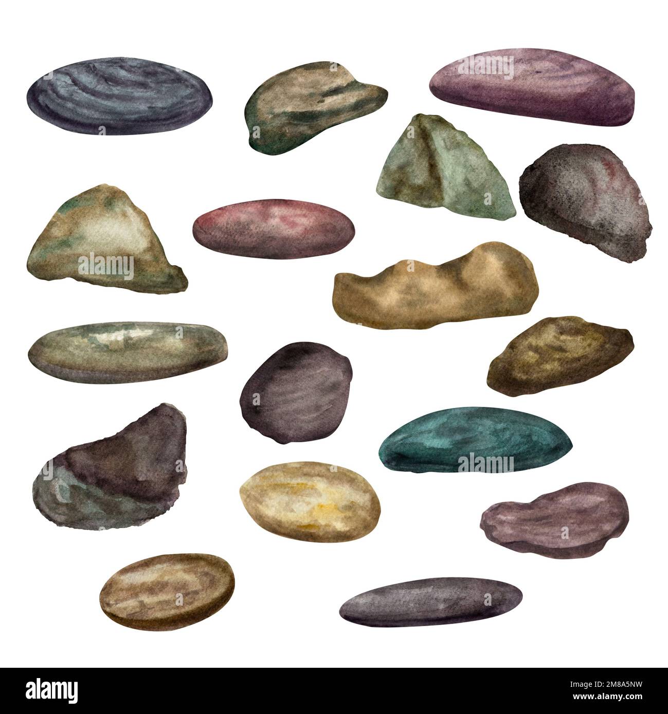 A set of sea stone in a watercolor style isolated on white background. Illustration for template, banner, poster, print, postcard, textile, decor Stock Photo