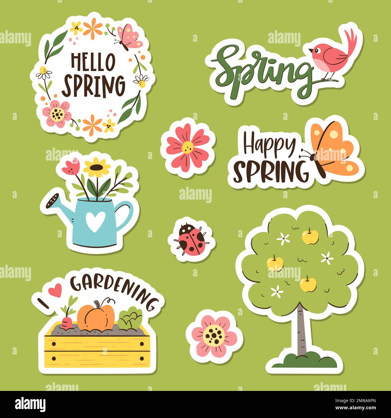 Cute spring sticker collection. Hand-drawn colorful stickers with ...