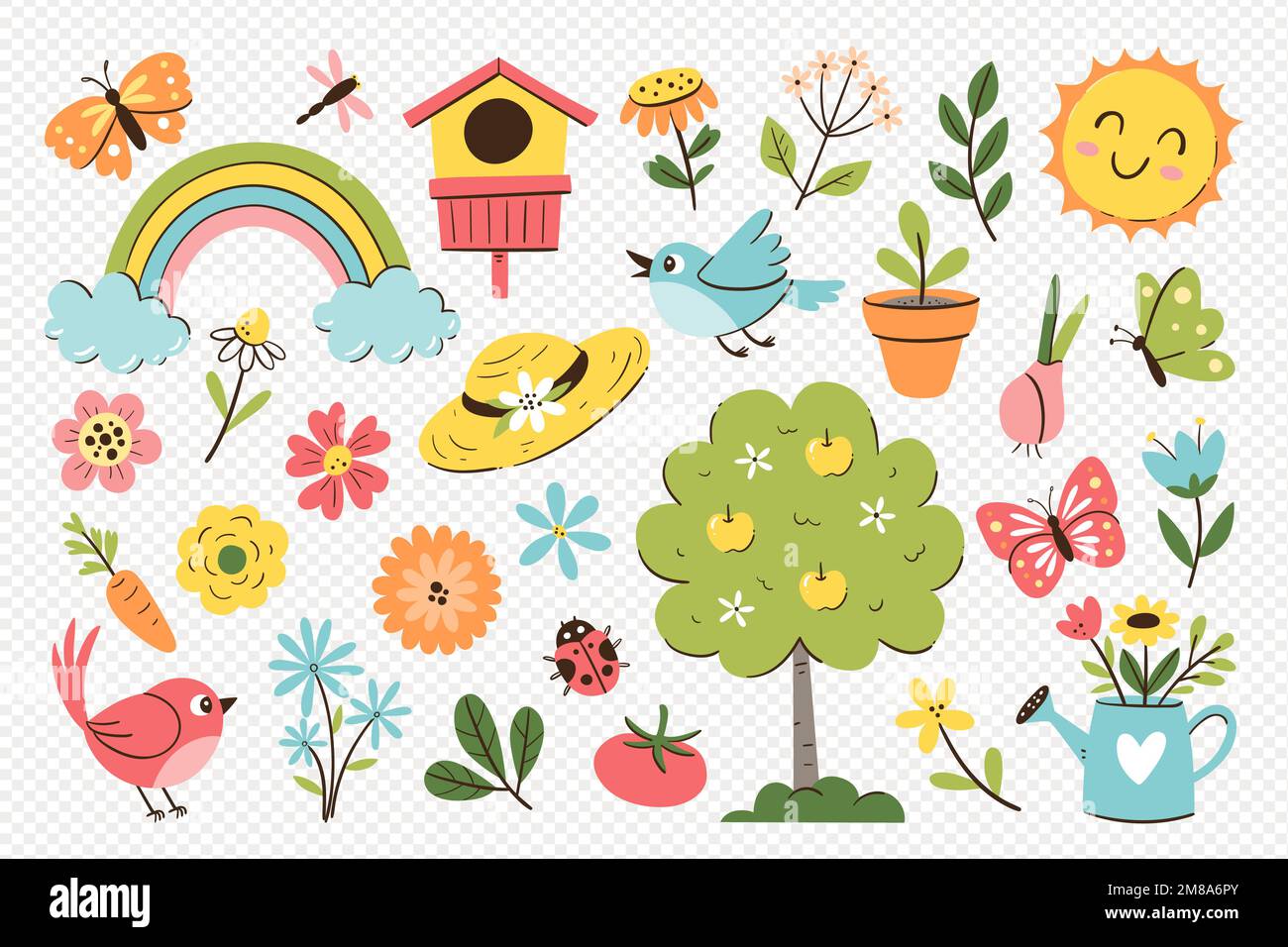 Cute spring objects isolated. Collection of seasonal things like ...