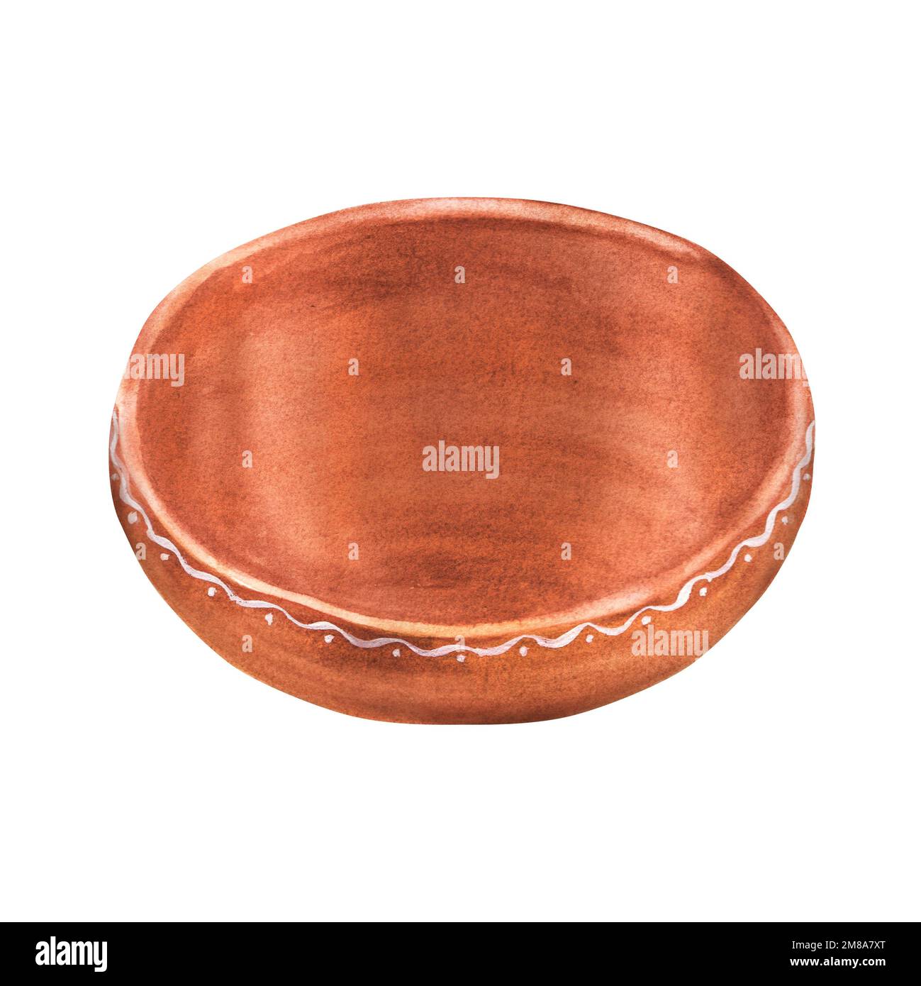 Handdrawn watercolor traditional clay bowl. A part of the big Holi set