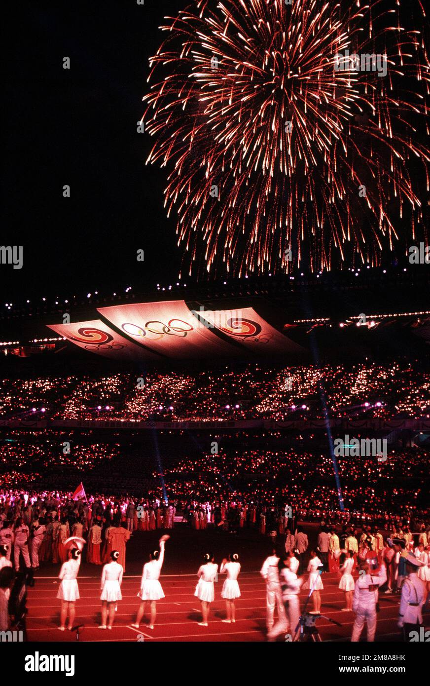 Fireworks burst over the closing ceremonies of the XXIVth Olympiad. Base: Seoul Country: Korea Stock Photo