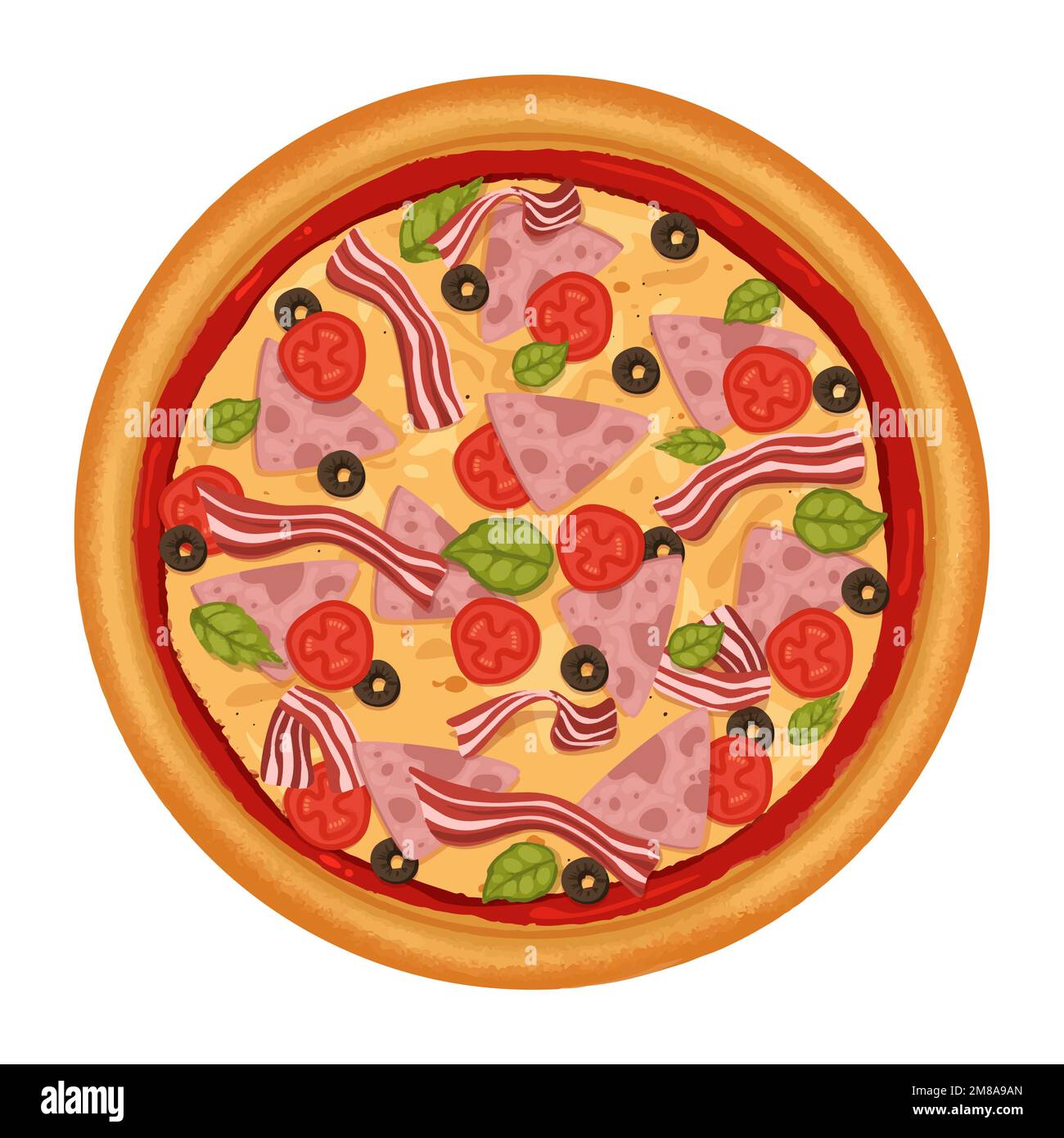 pizza with ham bacon tomatoes olives and basils Stock Vector