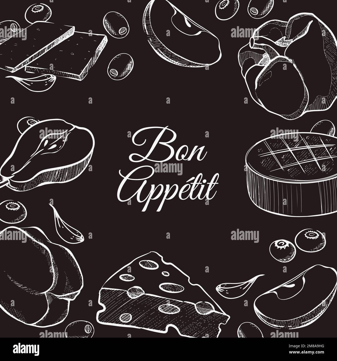 bon appetit food background in hand drawn chalk style Stock Vector ...