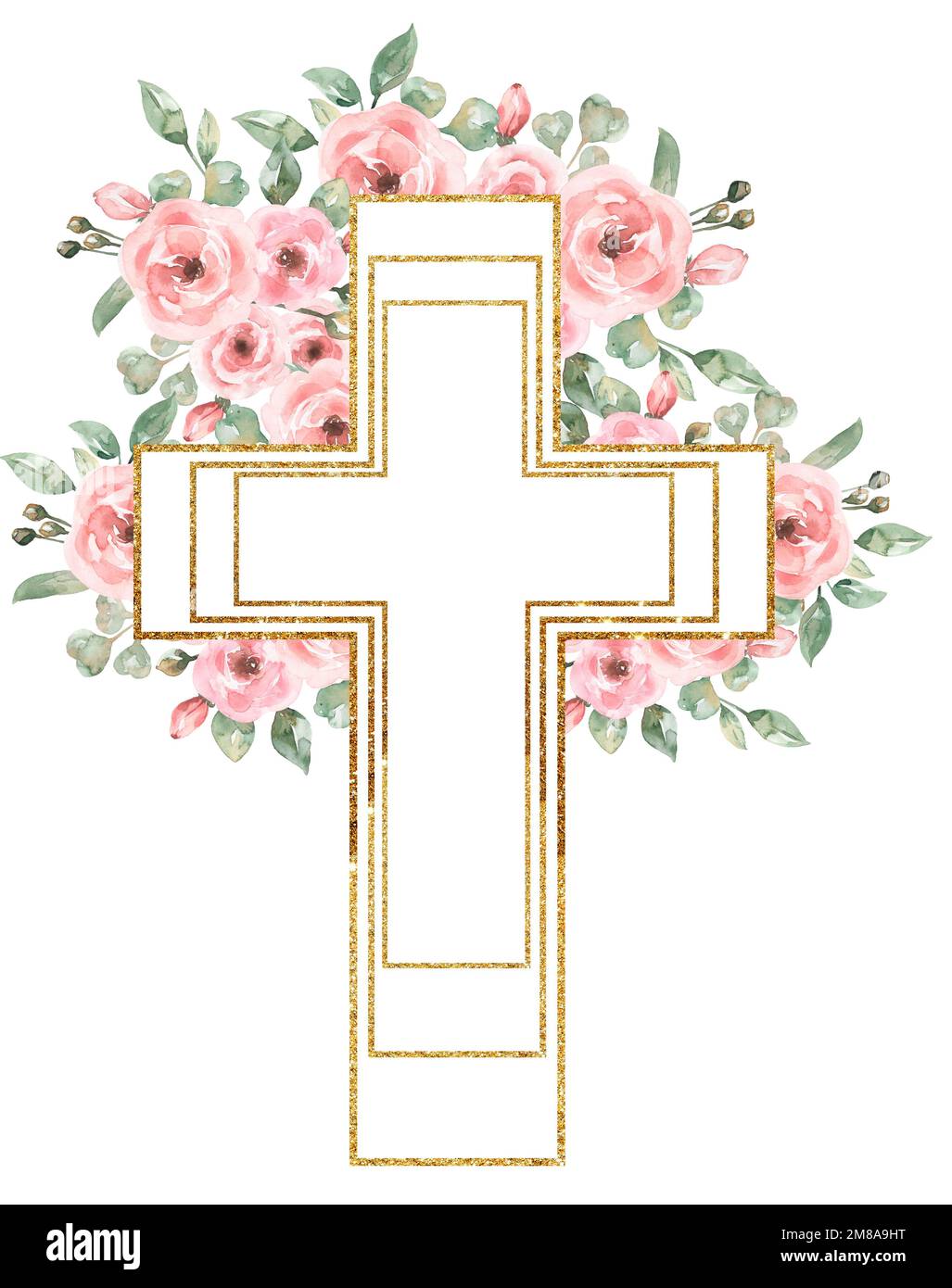 Watercolor Easter Pink flowers Cross Clipart, Golden frame, Delicate Peony Florals arrangement, Hand painted Pink Baptism Crosses, Wedding Invites, ne Stock Photo