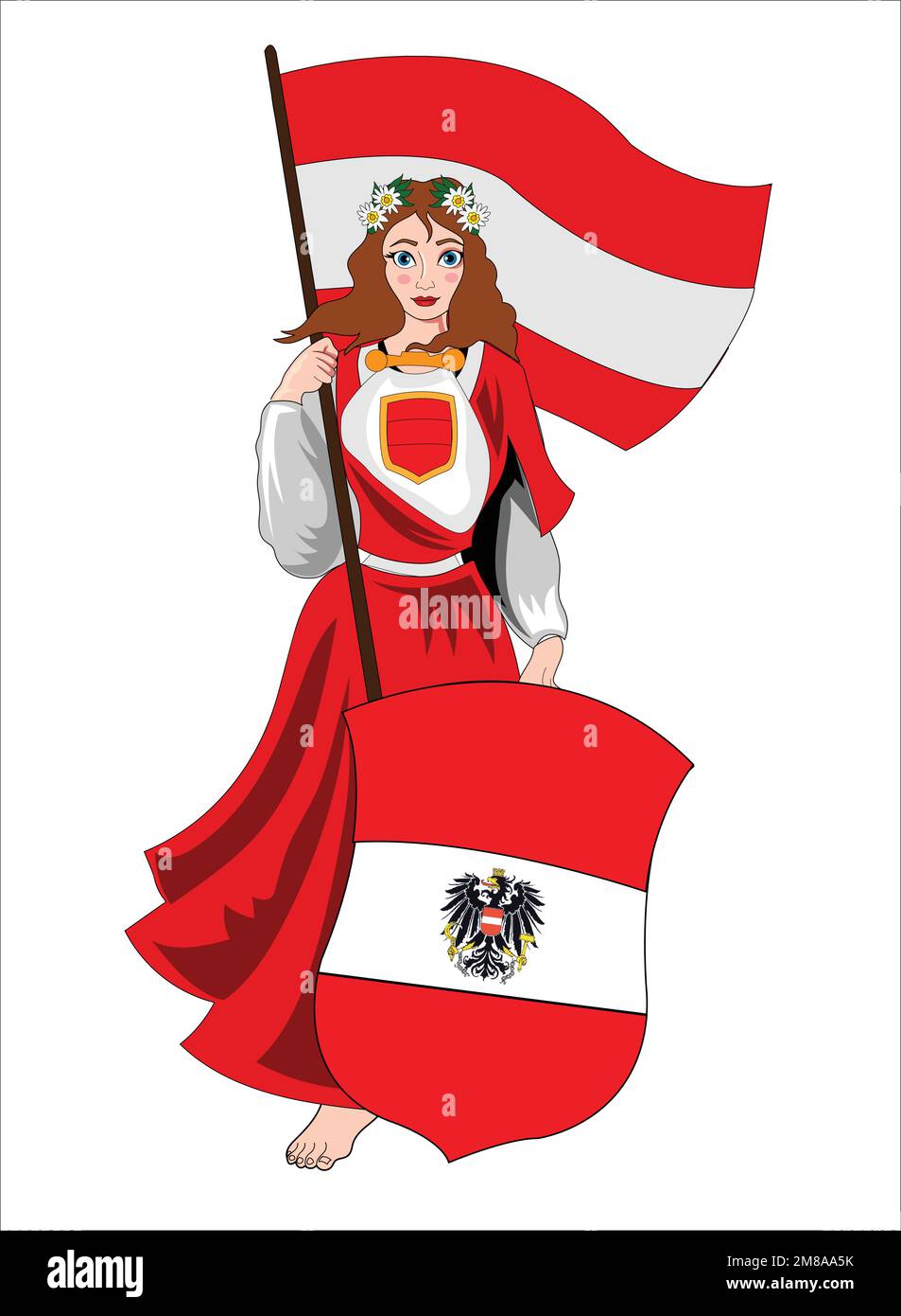 Austria girl holding flag and shield vector illustration Stock Vector