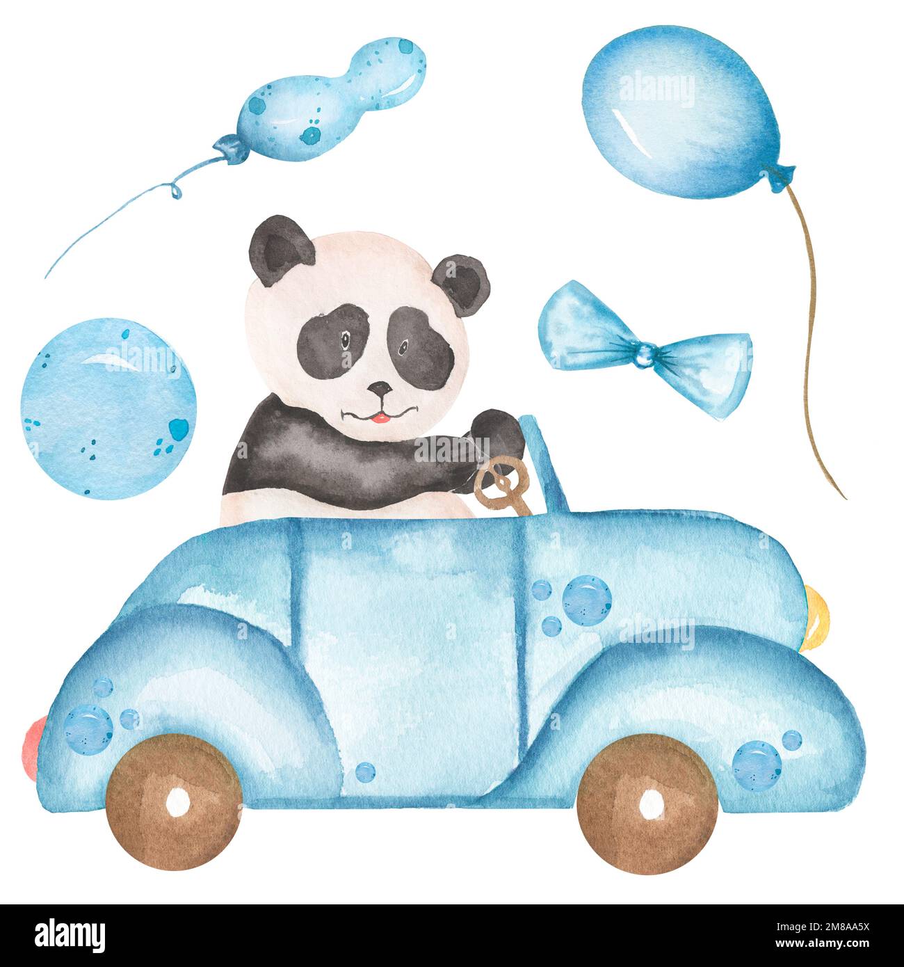 Watercolor Baby Panda drives the car illustration. Safari animal ...