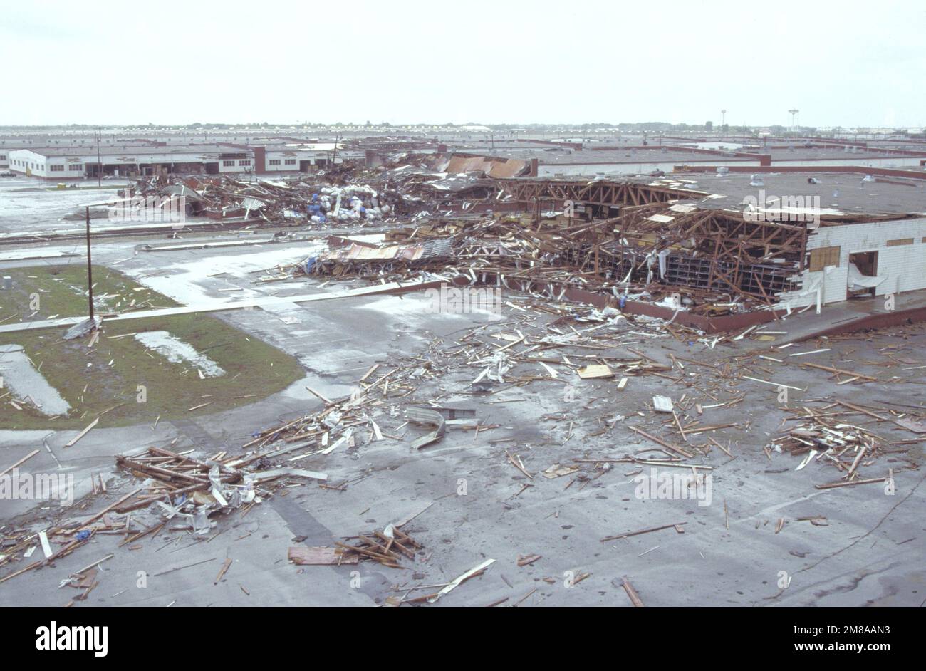 An overview of warehouses destroyed by Hurricane Gilbert at the San Antonio Air Logistics Center