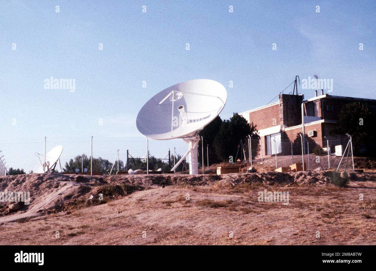 A view of a newly installed satellite television antenna at the base's