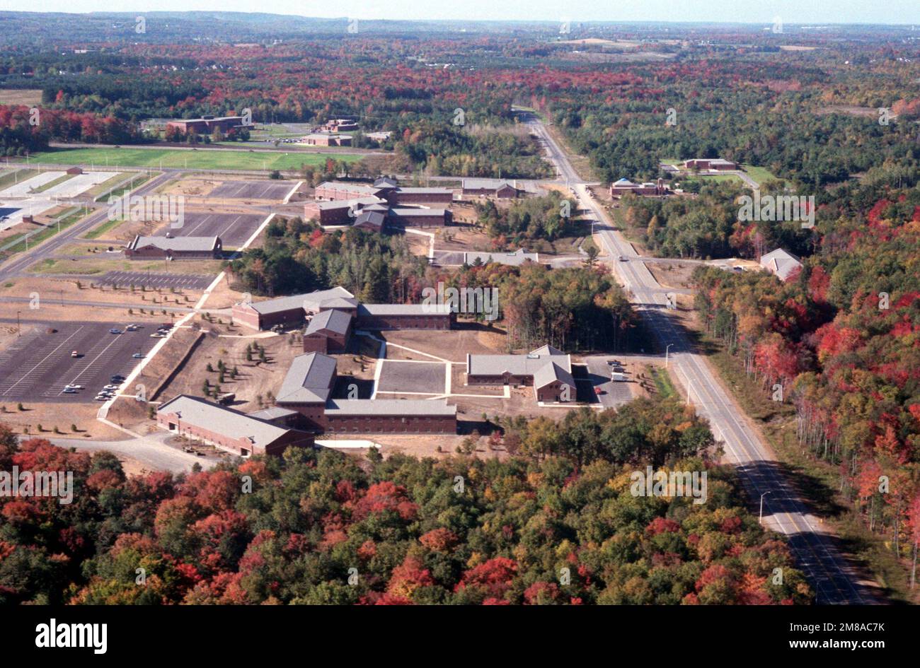 An aerial view of the barracks and headquarters buildings constructed