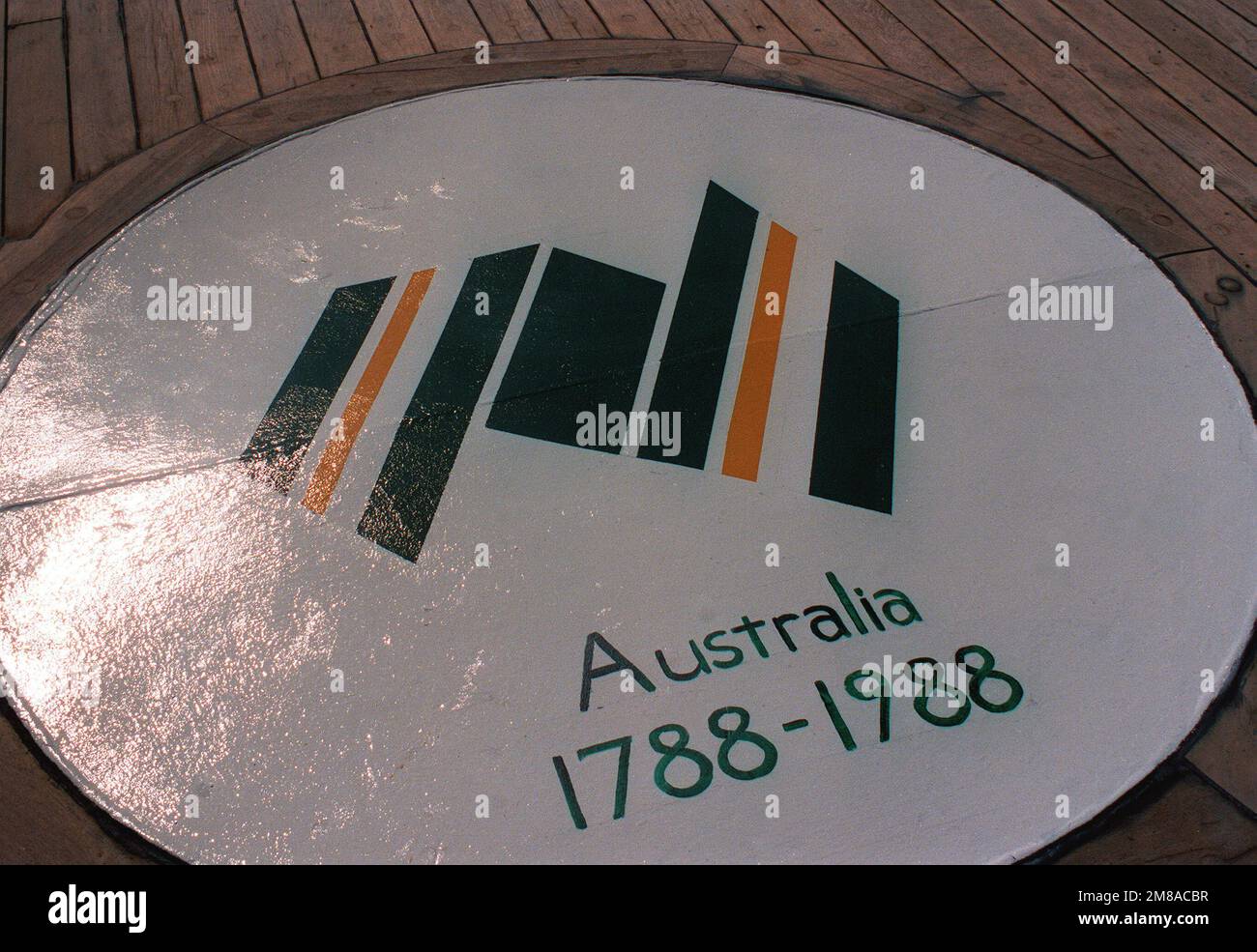 A view of the Australian bicentennial emblem painted on the metal plate covering one of the former forward 40mm gun mount areas aboard the battleship USS JERSEY (BB-62). Exact Date Shot Unknown. Base: Sydney State: New South Wales Country: Australia (AUS) Stock Photo