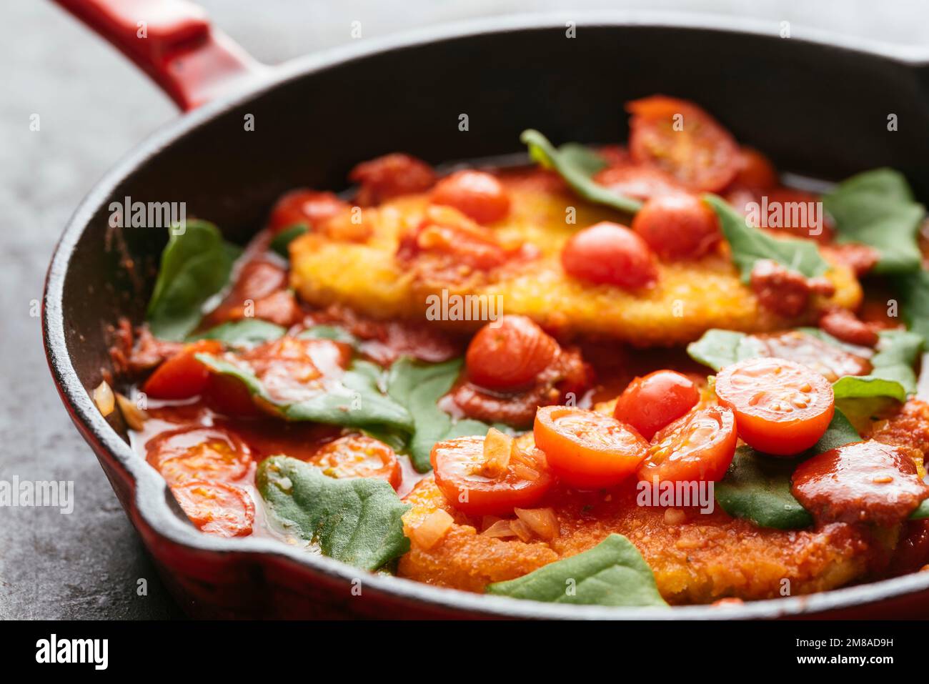 Vegan Chickun Fillets with Cherry Tomatoes and Spinach Stock Photo