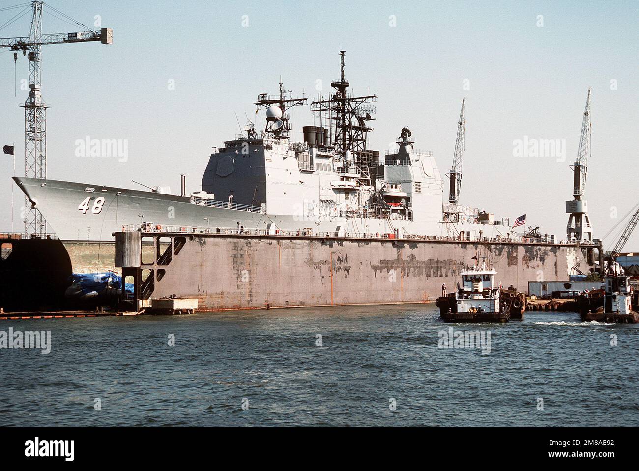 A port bow view of the guided missile cruiser USS YORKTOWN (CG 48