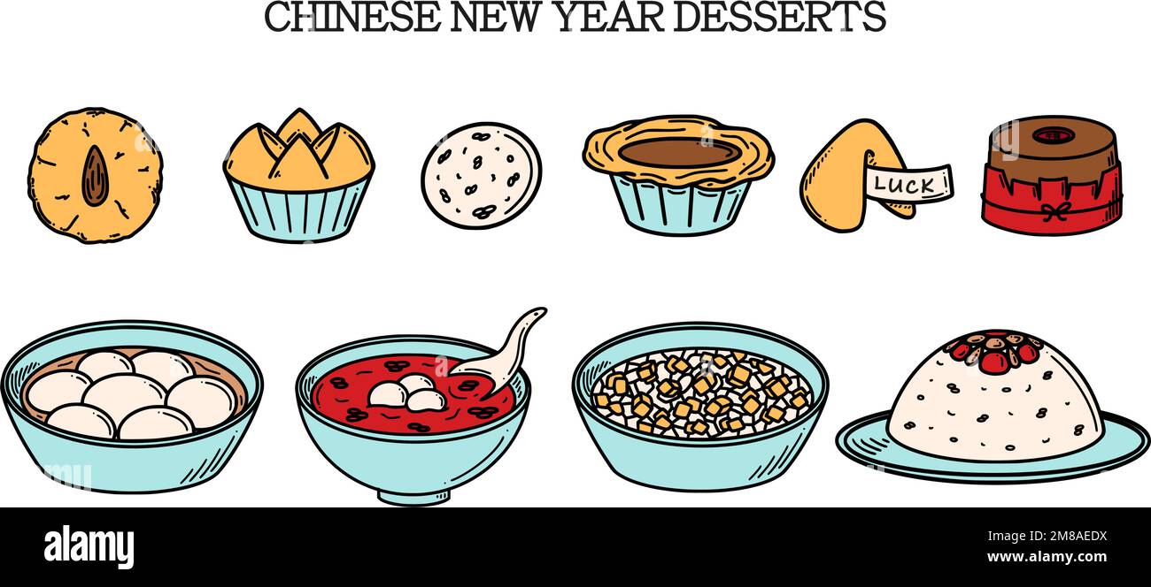 CNY celebration, Chinese New Year Desserts vector illustration in doodle style. Traditional Asian food cuisine drawing. Stock Vector