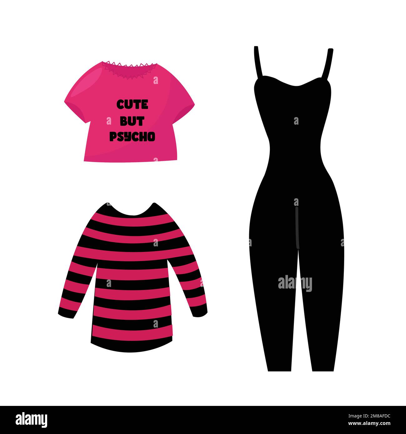 Emo girl clothes set in pink and black colors. Emo gothic style set illustration. Stock Vector