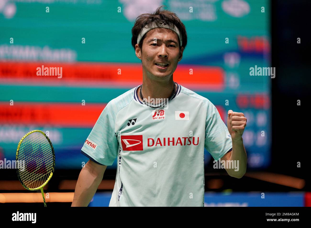 Japans Kanta Tsuneyama reacts during his mens singles quarterfinals match against Indonesias Anthony Sinisuka Ginting at the Malaysia Open badminton tournament at the Bukit Jalil Axiata Arena in Kuala Lumpur, Malaysia, Friday,
