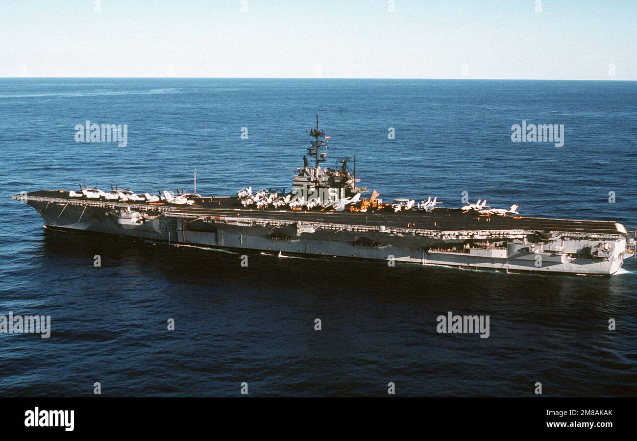 A port view of the aircraft carrier USS RANGER (CV-61) underway off the ...