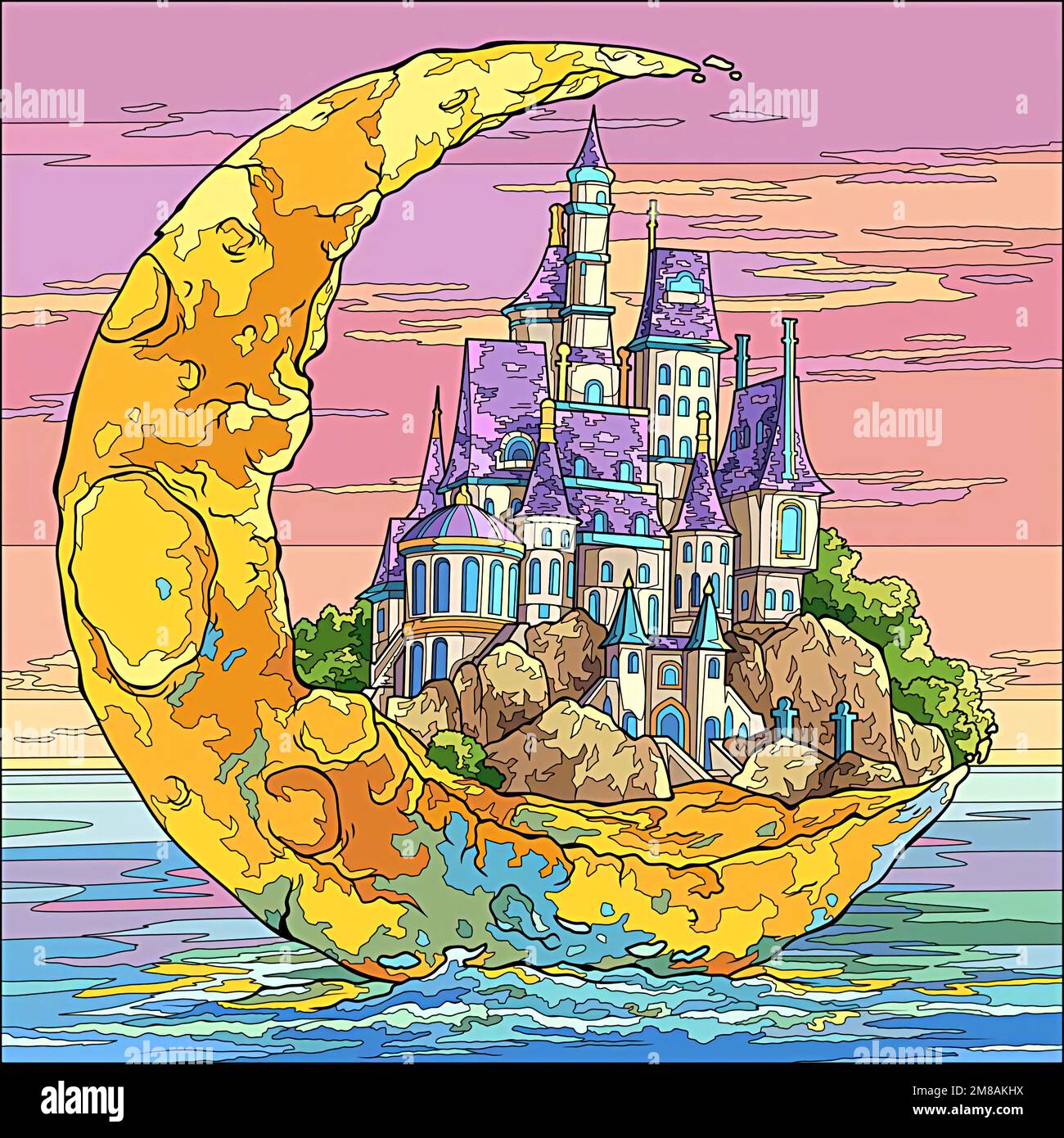 landscape with castle and moon Stock Photo - Alamy