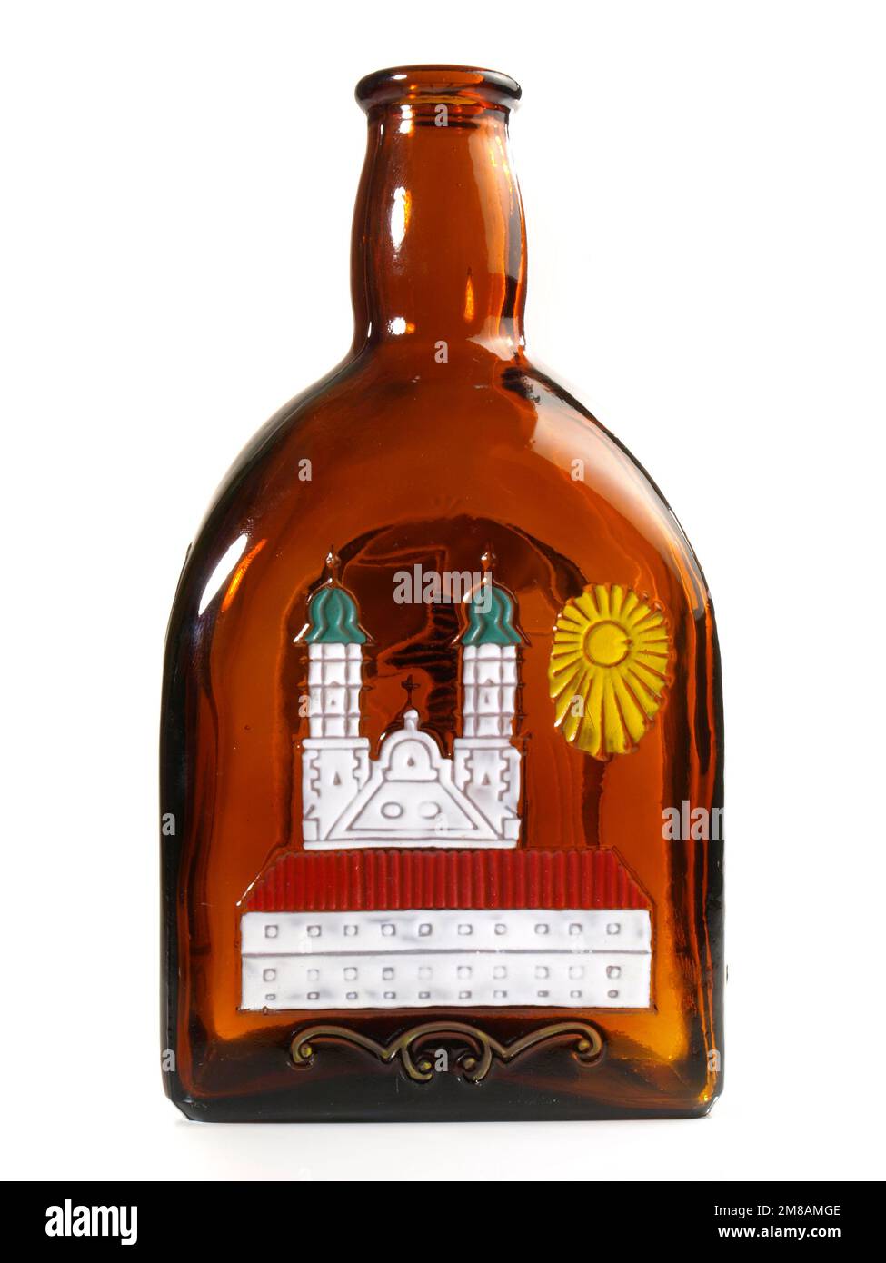 Old brown Beer Bottle with Church isolated on white Background Stock