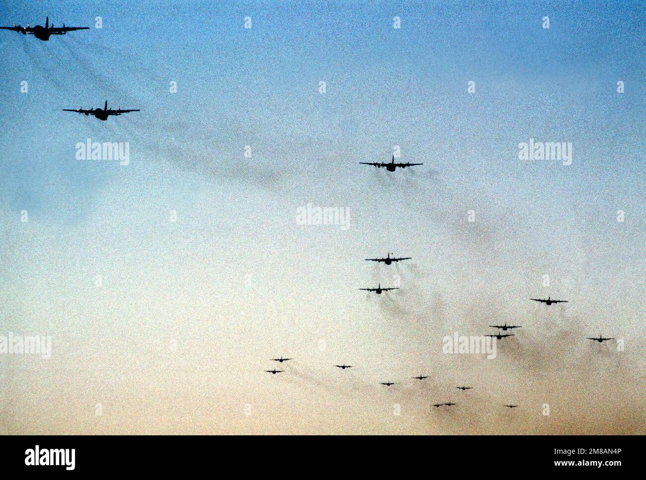 Sixteen C130 Hercules aircraft of the 463rd Tactical Airlift Wing head