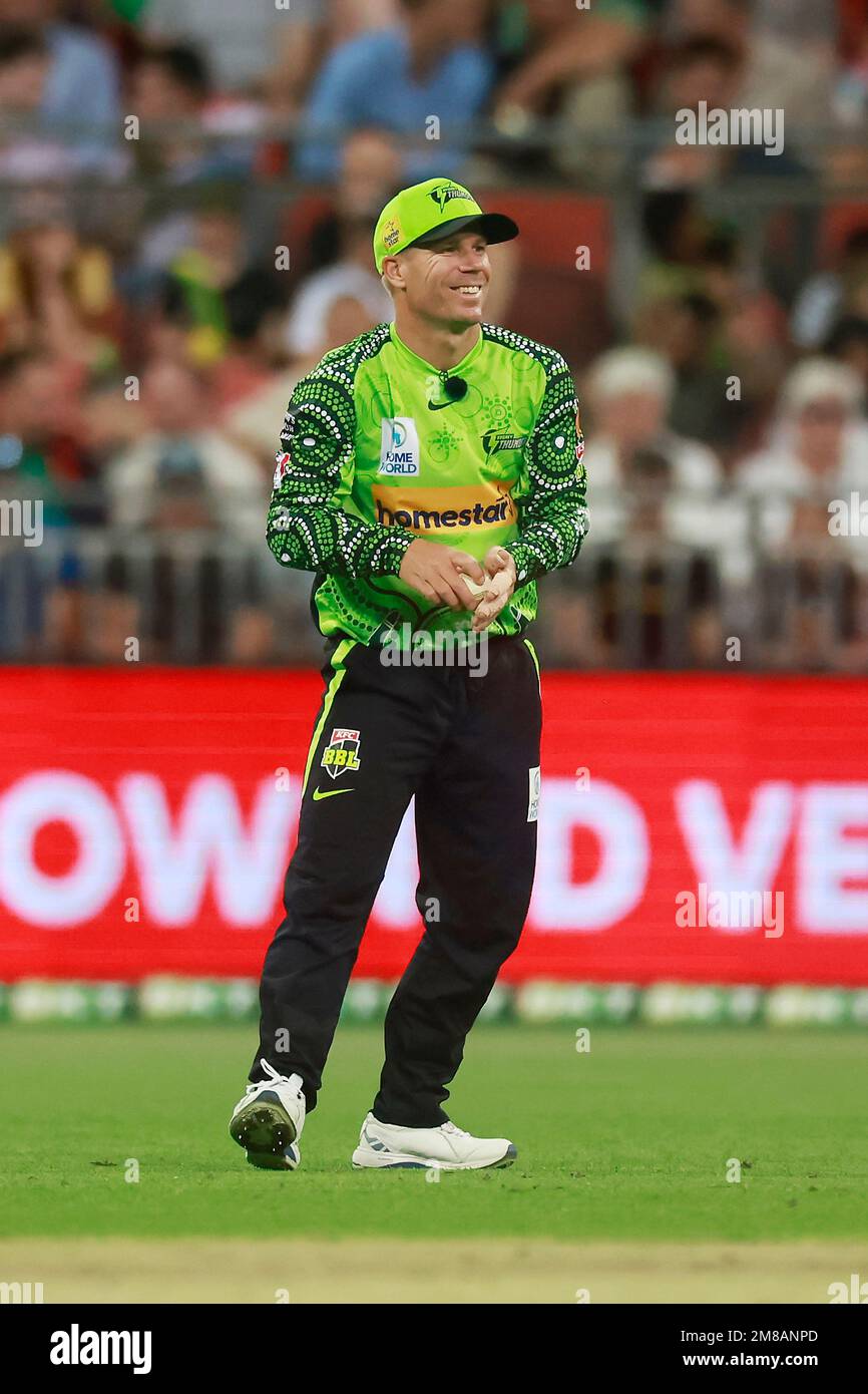 David Warner of the Thunder fields during the Big Bash League (BBL) cricket match between the Sydney Thunder and the Perth Scorchers at Sydney Showground Stadium in Sydney, Friday, January 13, 2023