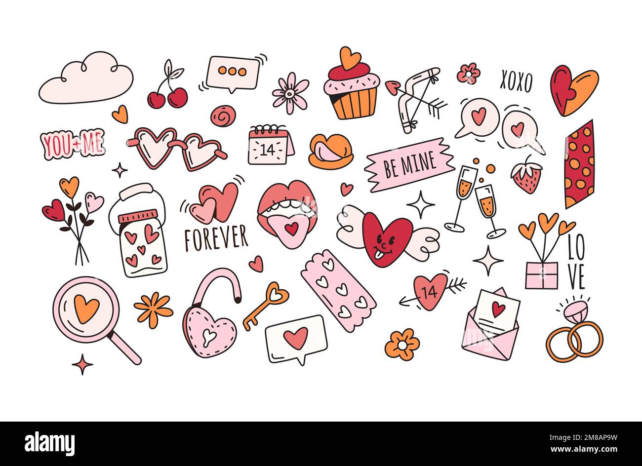 Vector valentines day elements,symbols in doodle style on white ...