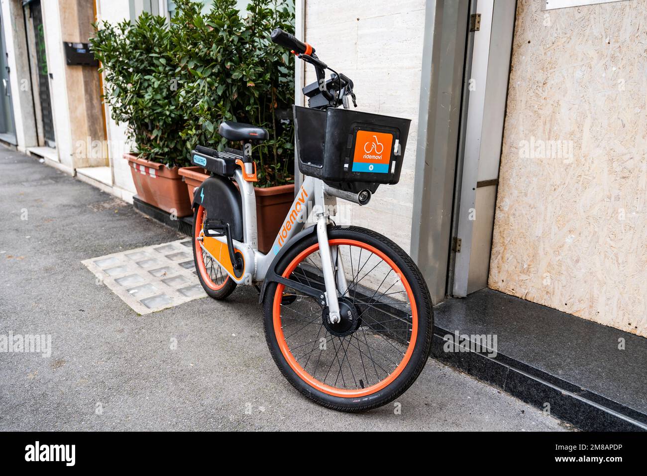 A free floating bike availabe for rental belonging to a bike sharing company operating in a