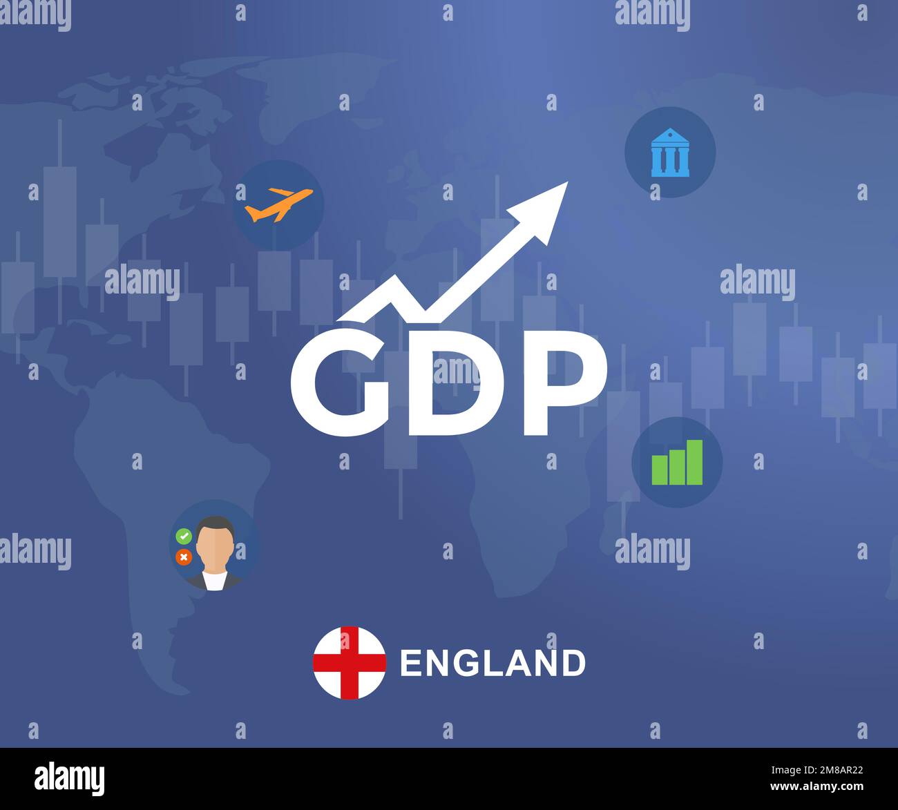 Gross Domestic Product (GDP) of England flag and map logo design. Economic gdp growth domestic product. Global economy, national budget, recession. Stock Vector