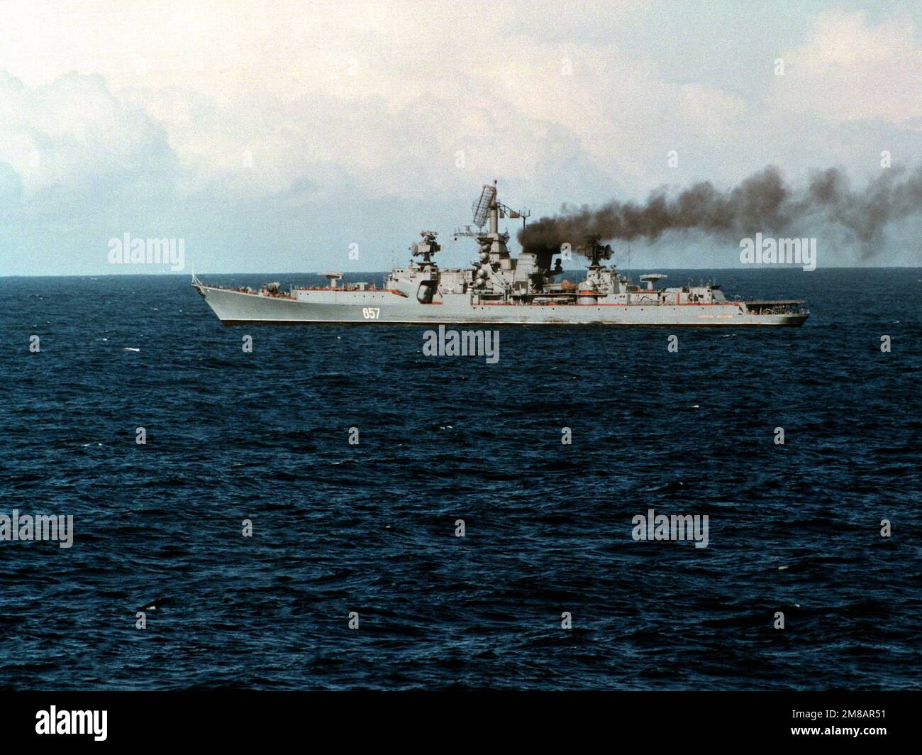 A port beam view of the Soviet Kresta II class guided missile cruiser ADMIRAL YUMASHEV underway. Country: Unknown Stock Photo