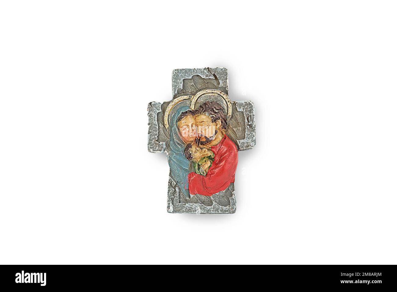 Set of Christmas nativity scene, angel figurines and hanging crucifix isolated on white background. Christmas and Easter Stock Photo