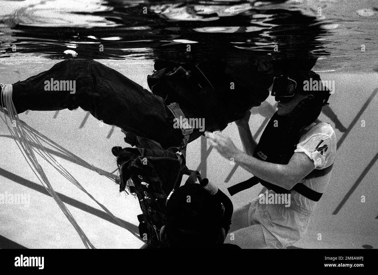 A student comes to the aid of an aviator entangled in his parachute during a simulated rescue, part of the twenty-day, intensive training course at the Navy Rescue Swimmer School. Exact Date Shot Unknown. Base: Naval Air Station, Pensacola State: Florida (FL) Country: United States Of America (USA) Stock Photo