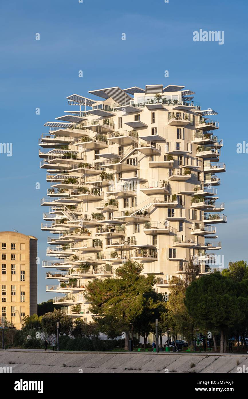 Montpellier, France - 01 12 2022 : Vertical view of famous landmark arbre blanc or white tree building with futuristic architecture by Sou Fujimoto Stock Photo