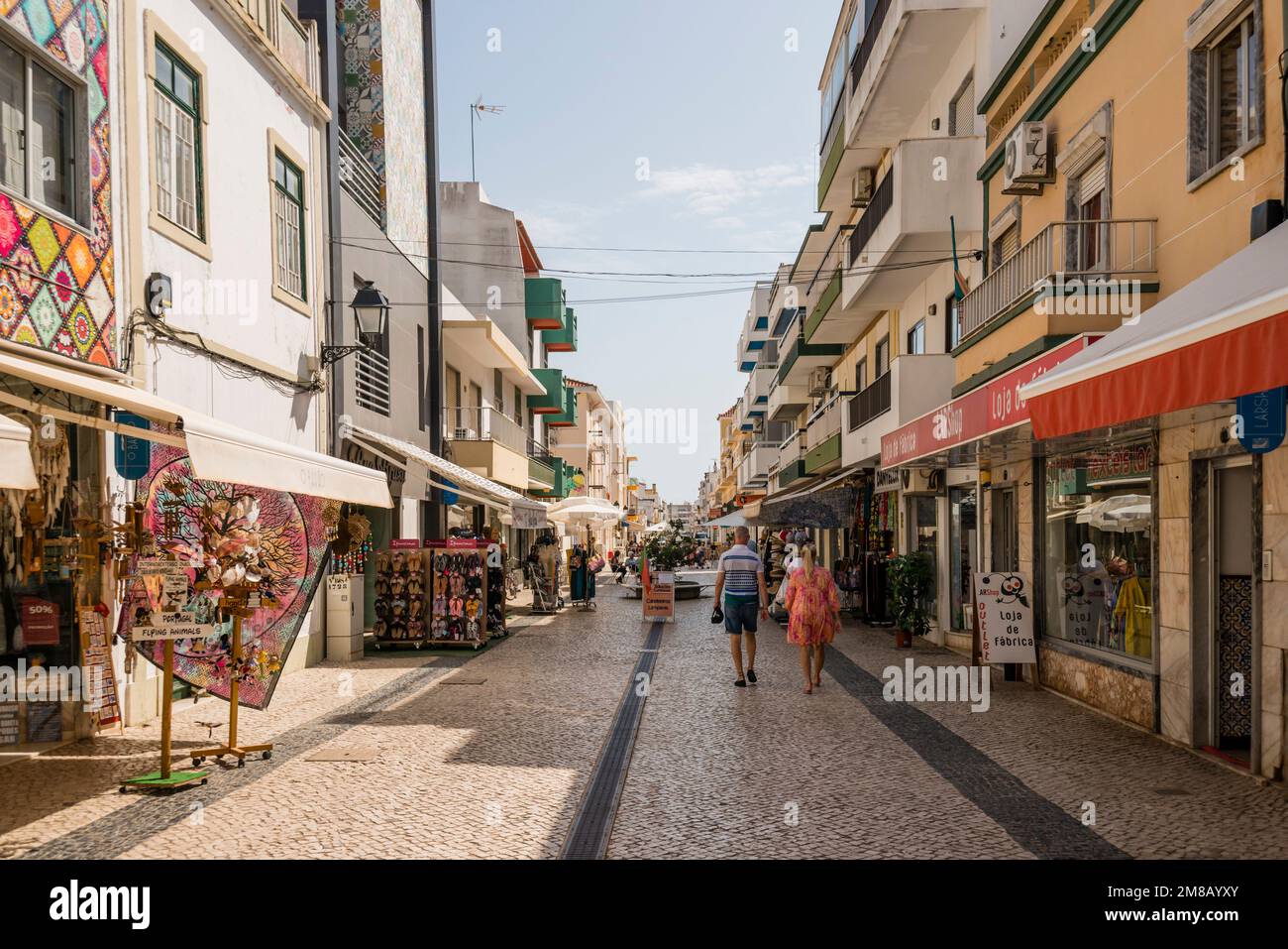 Pedestrianised street lined with shops, Vila Real de Santo Antonio, Algarve, Portugal Stock Photo