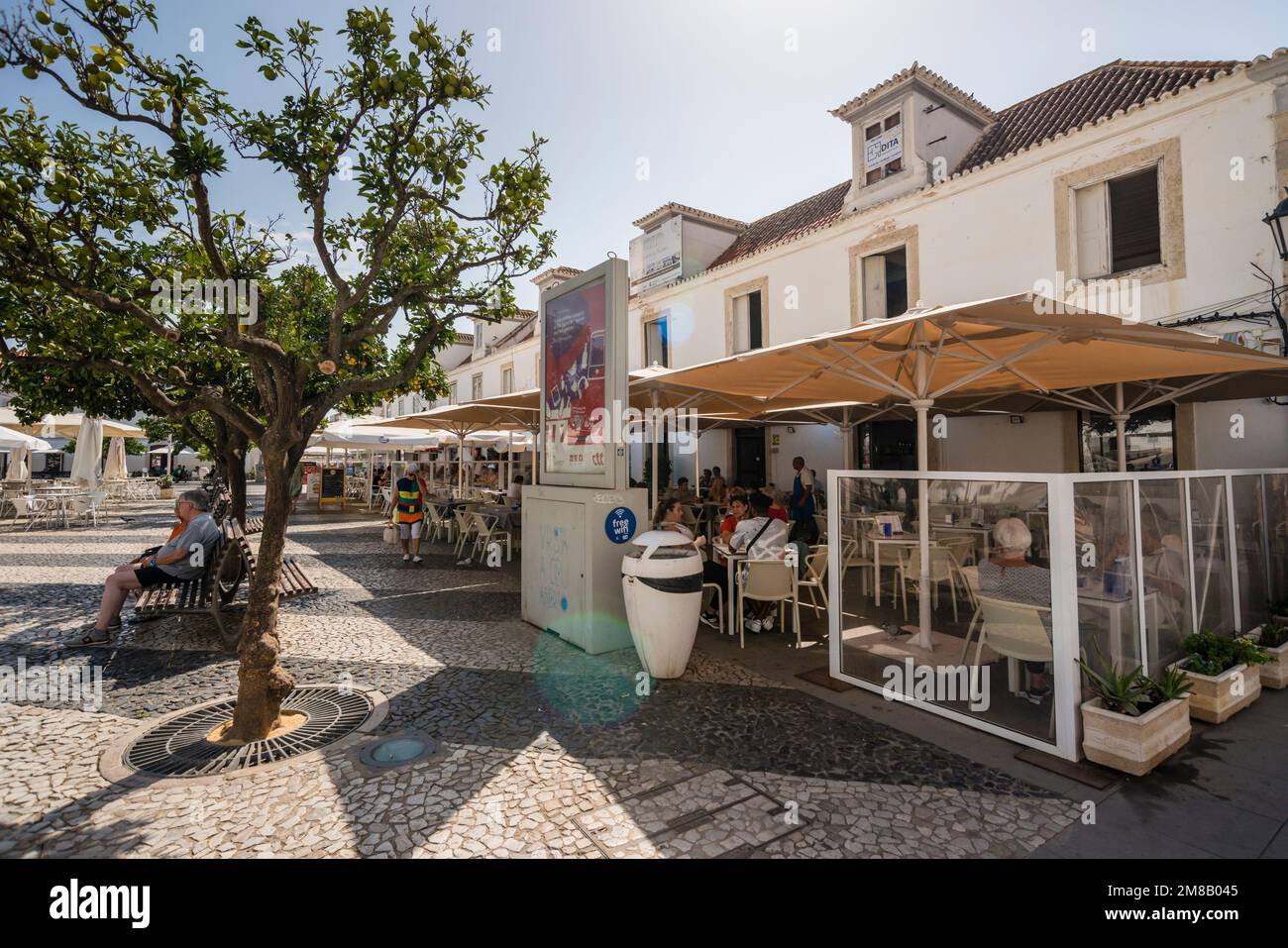Pavement cafe restaurant, Vila Real de Santo Antonio, Algarve, Portugal Stock Photo