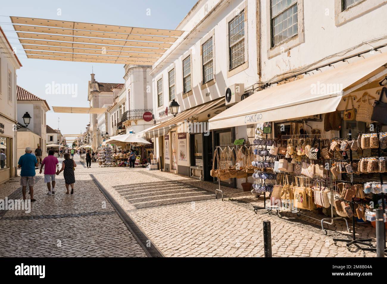 Pedestrianised street lined with shops, Vila Real de Santo Antonio, Algarve, Portugal Stock Photo