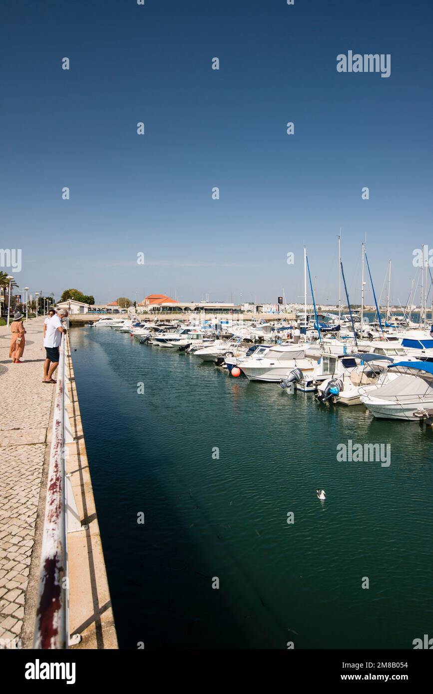 Boats moored at Porto de Recreio (marina), Vila Real de Santo Antonio, Algarve, Portugal Stock Photo