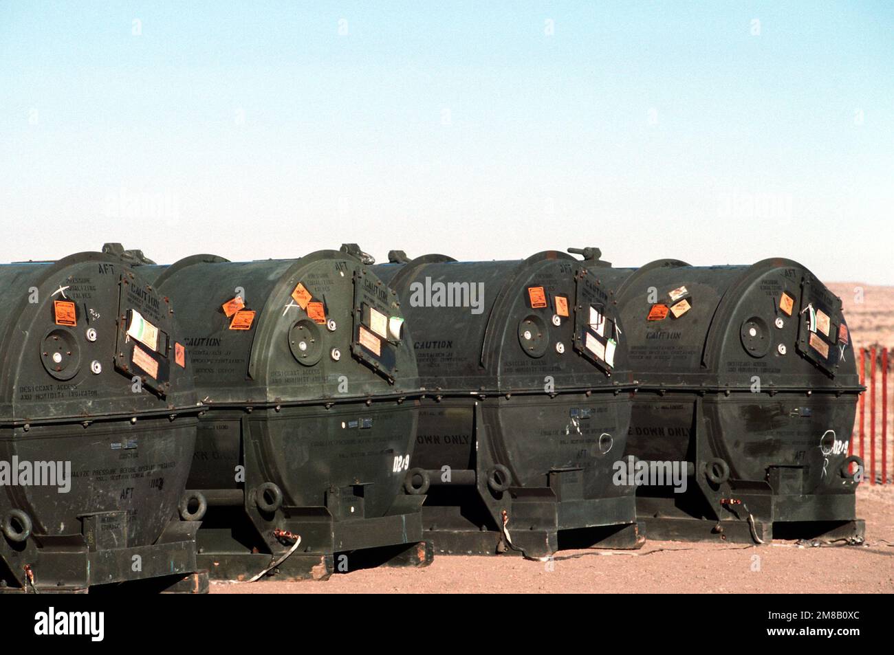 Containers used for shipping stages of the Army's Pershing II missile sit in a row. Several missiles will be destroyed in the presence of inspectors from the Soviet Union in accordance with the Intermediate-Range Nuclear Forces (INF) Treaty. Base: Pueblo Army Depot Activity State: Colorado (CO) Country: United States Of America (USA) Stock Photo
