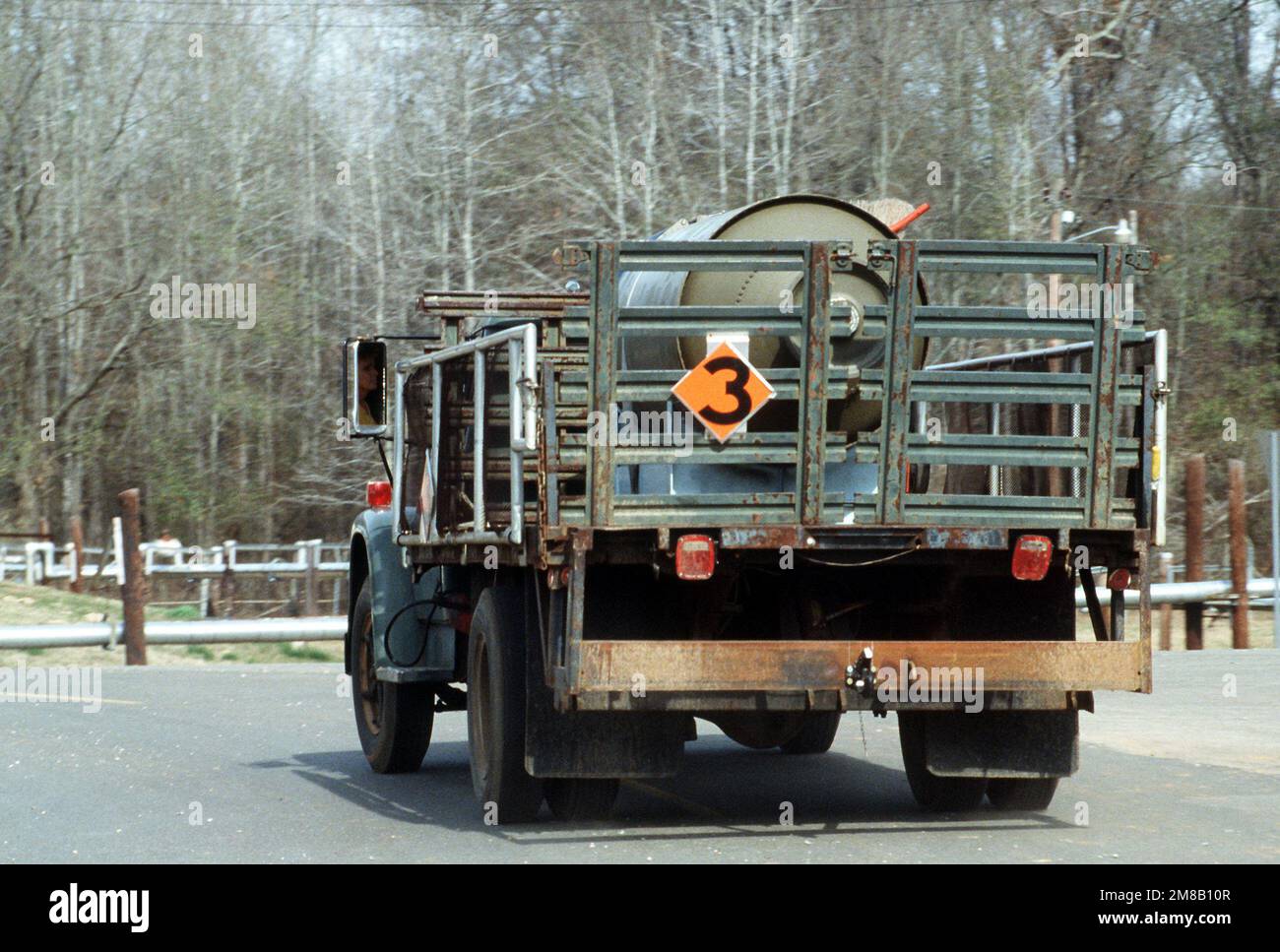 A propulsion stage of a Pershing 1A missile is transported by truck to a firing area. Several missiles are being destroyed in the presence of Soviet inspectors in accordance with the Intermediate-Range Nuclear Forces (INF) Treaty. Base: Longhorn Army Ammunition Plant State: Texas (TX) Country: United States Of America (USA) Stock Photo