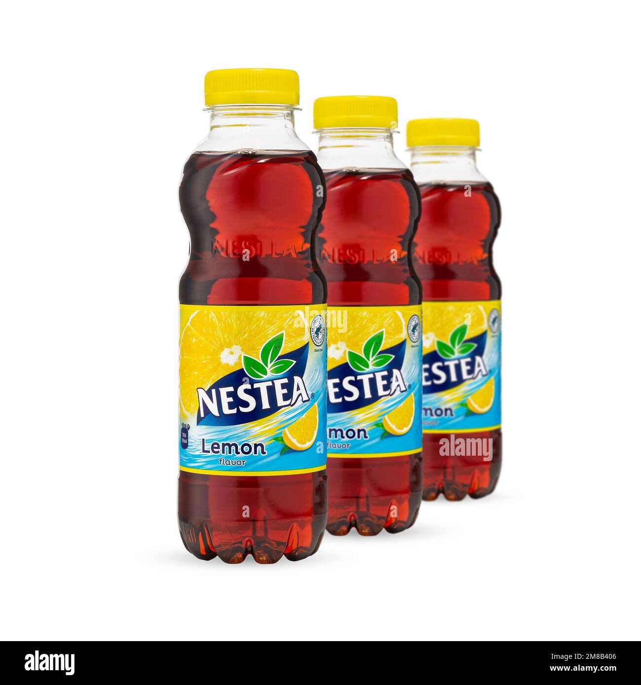 Tallinn, Estonia January, 2023 Nestea tea. Black Iced Tea drink with lemon by Nestea on white