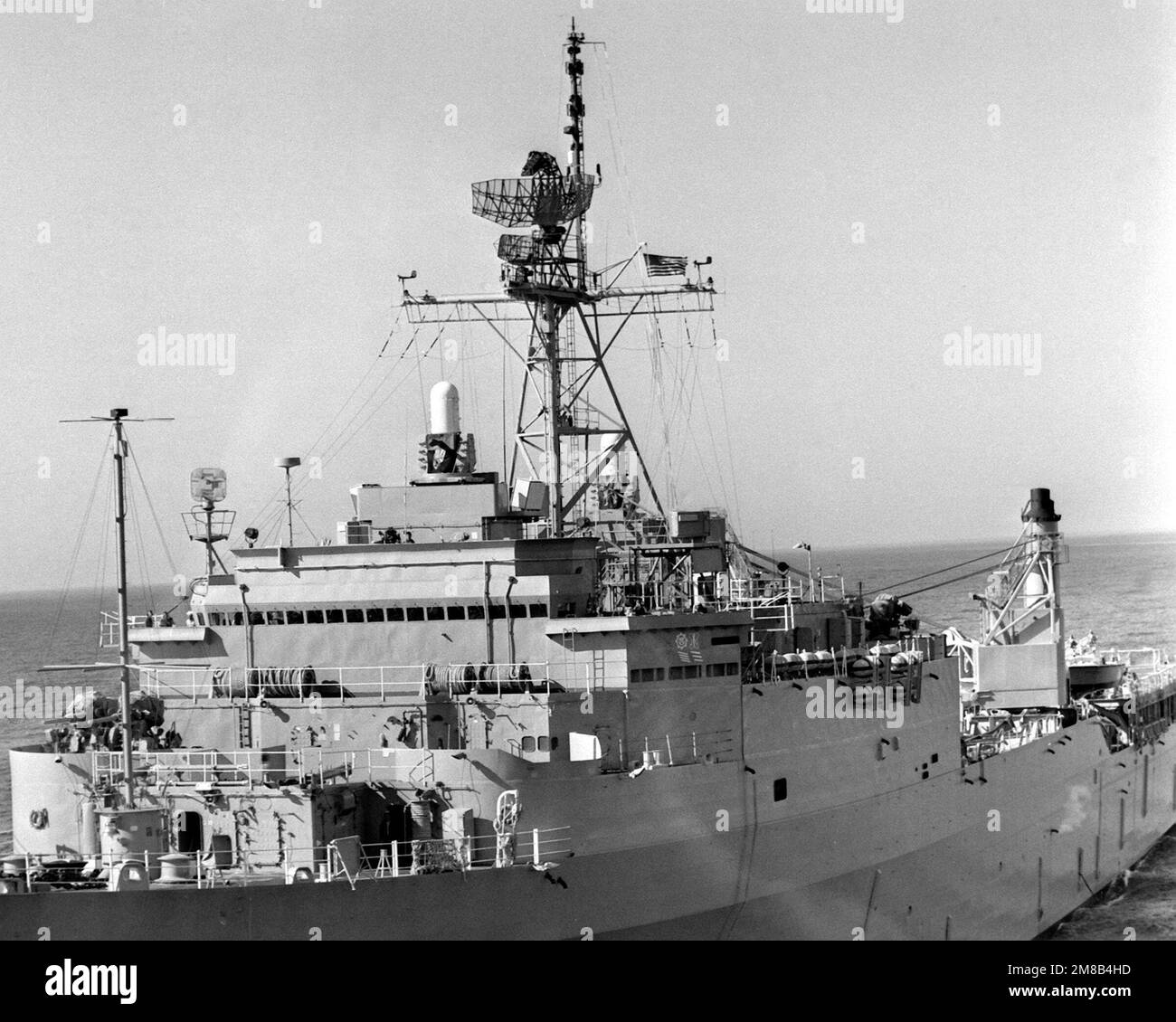 A close-up view of the mast and bridge structure aboard the dock landing ship USS PORTLAND (LSD-37), as seen from off the ship's port bow. Country: Atlantic Ocean (AOC) Stock Photo