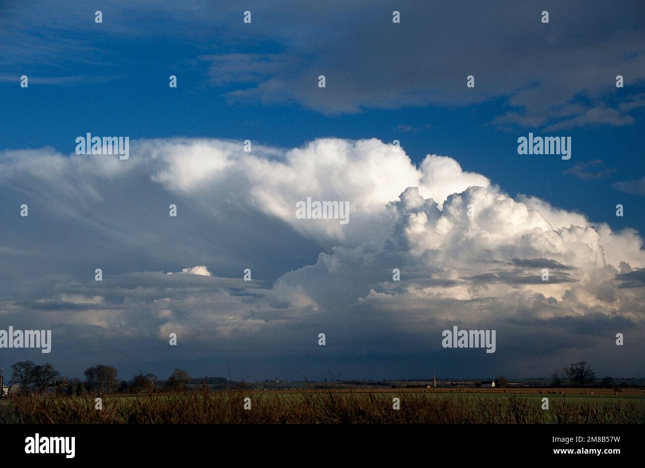 Cumulonimbus Incus, cumulonimbus with an anvil indicating the mature or decaying stage of a thunderstorm, viewed over the green countryside. Stock Photo