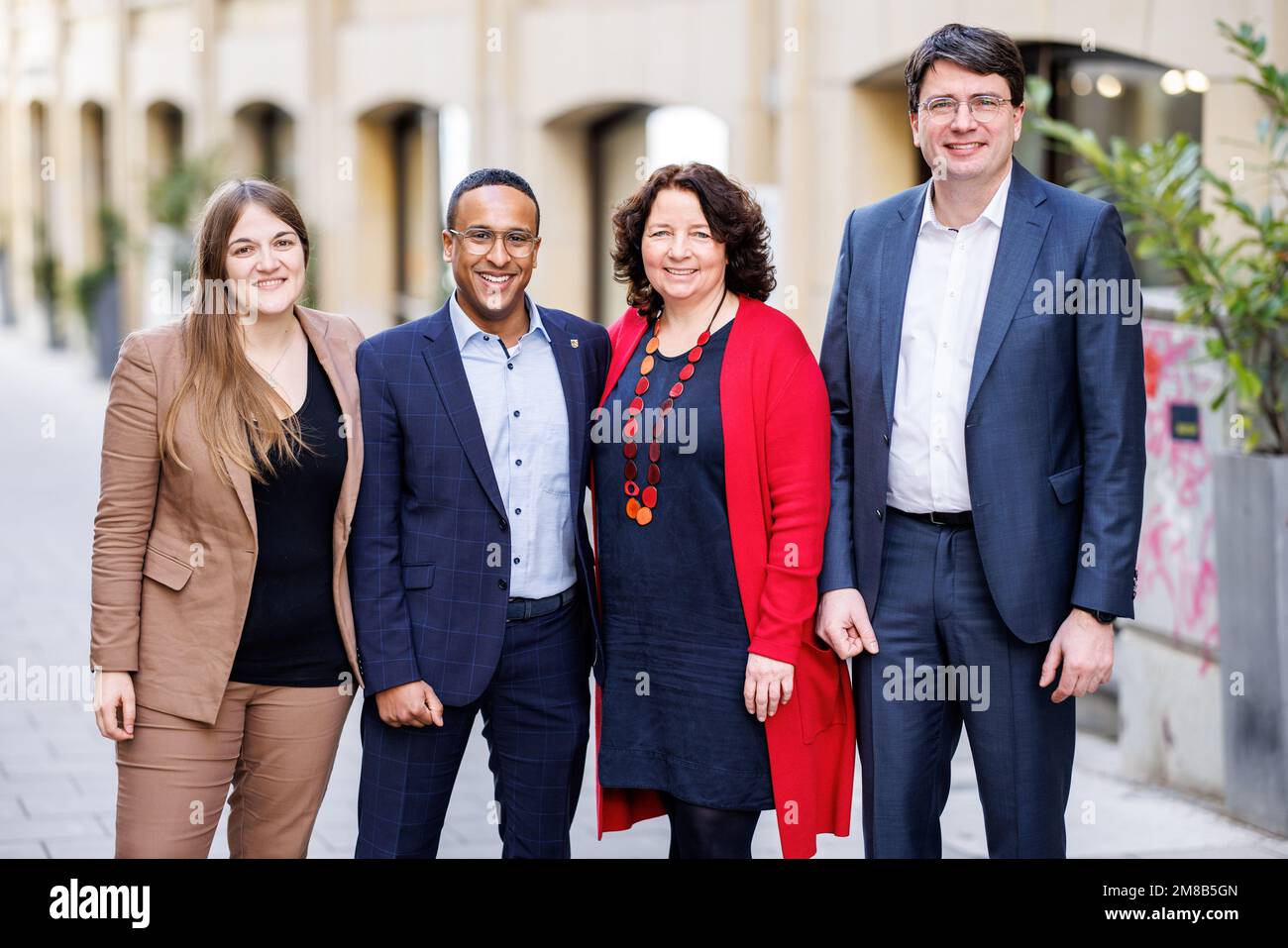 Munich, Germany. 13th Jan, 2023. Ronja Endres, chairwoman of the Bavarian SPD (l-r), Nasser Ahmed, newly appointed deputy secretary general of the Bavarian SPD, Ruth Müller, newly appointed secretary general of the Bavarian SPD, and Florian von Brunn, SPD parliamentary group leader in the Bavarian state parliament and chairman of the Bavarian SPD, look into the camera following a press conference on the appointment of a new secretary general. Credit: Matthias Balk/dpa/Alamy Live News Stock Photo