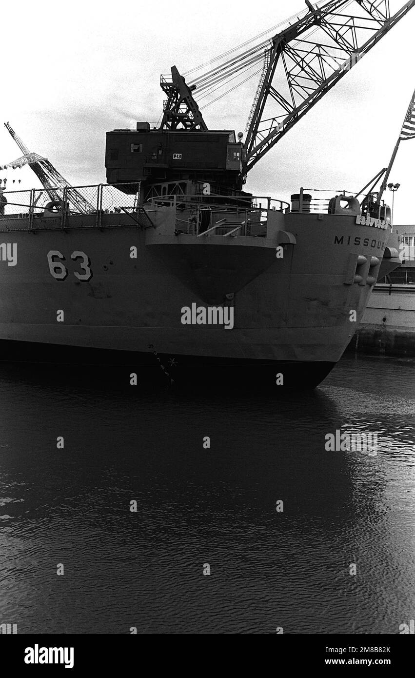 A port quarter view of the battleship USS MISSOURI (BB63) in dry dock
