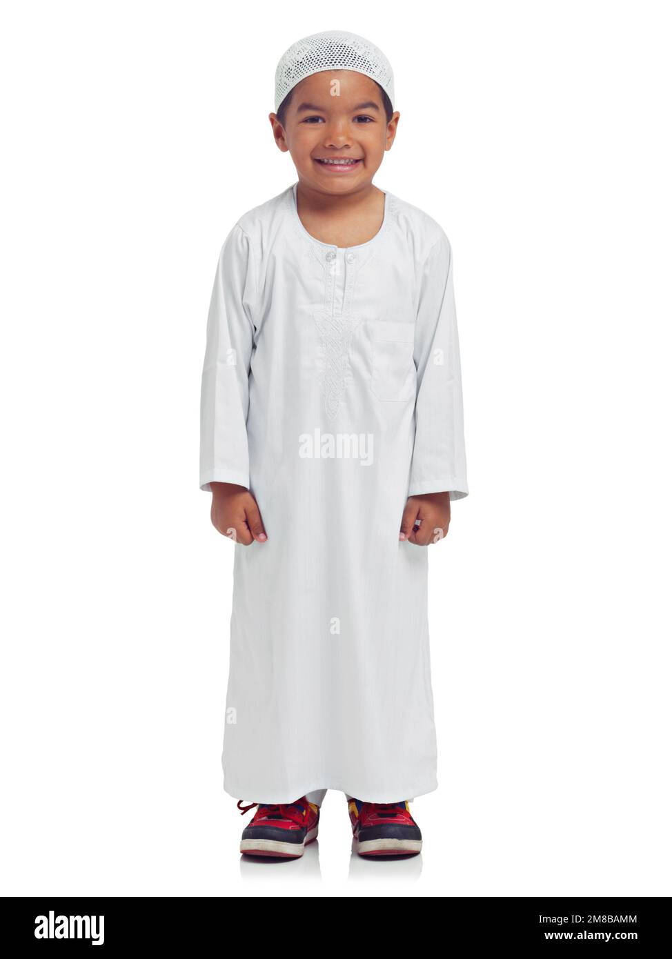 Portrait, children and muslim with a boy in studio isolated on a white background for religion or belief in allah. Islam, kids or eid and a male child Stock Photo