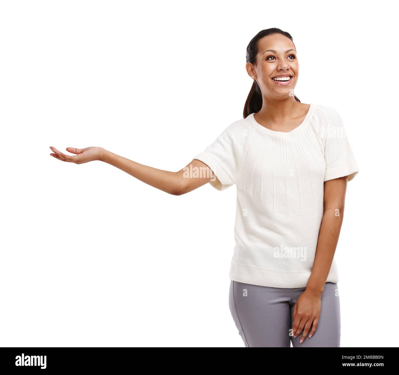 Black woman, hand and mockup space for product placement advertising and motivation while laughing. Female model with empty palm for promotion Stock Photo