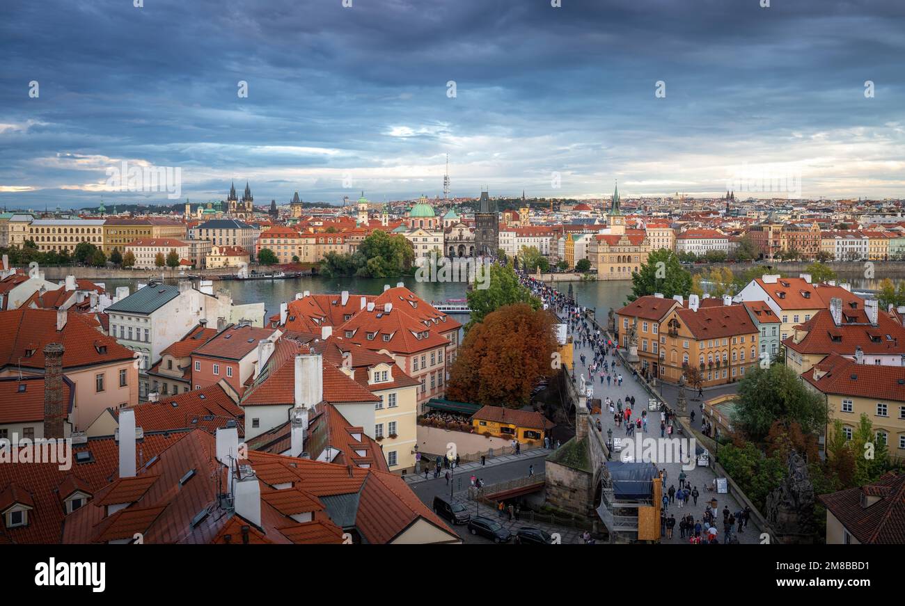 Aerial view of Charles Bridge and Prague Old Town Skyline - Prague, Czech Republic Stock Photo