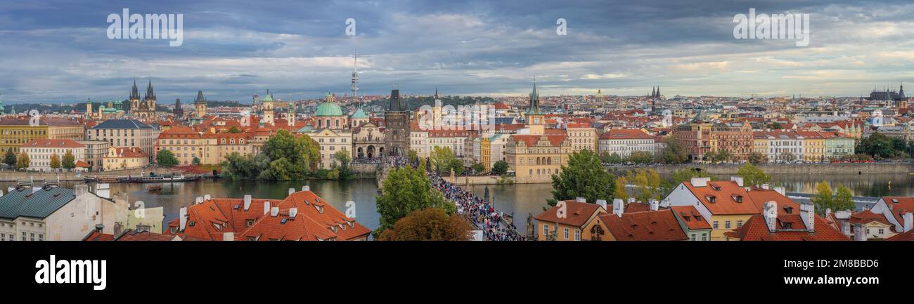 Panoramic aerial view of Prague Old Town and Charles Bridge - Prague, Czech Republic Stock Photo