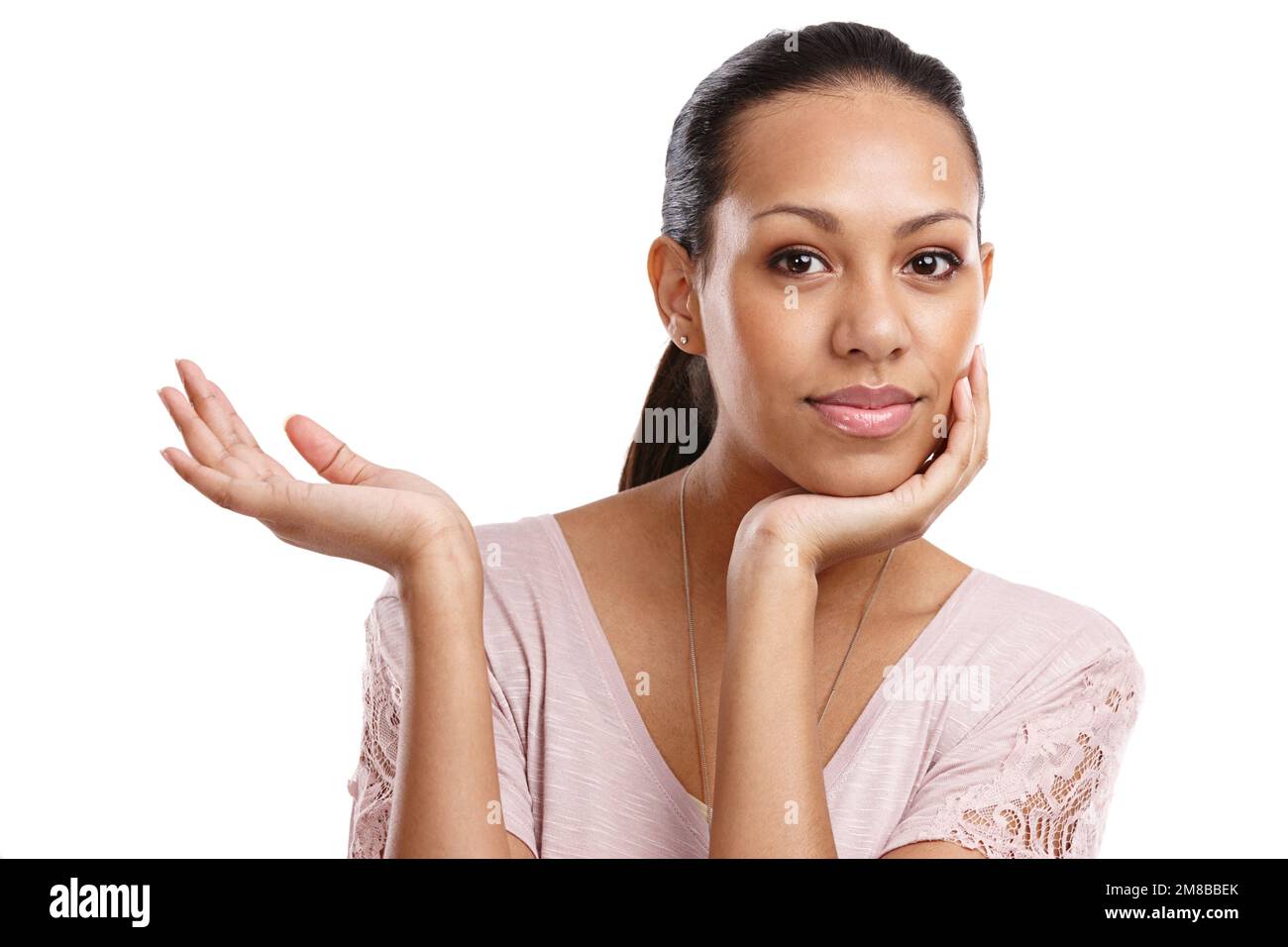 Black woman, portrait and hand palm for advertising space for product placement and motivation. Face of female model holding mockup for promotion Stock Photo