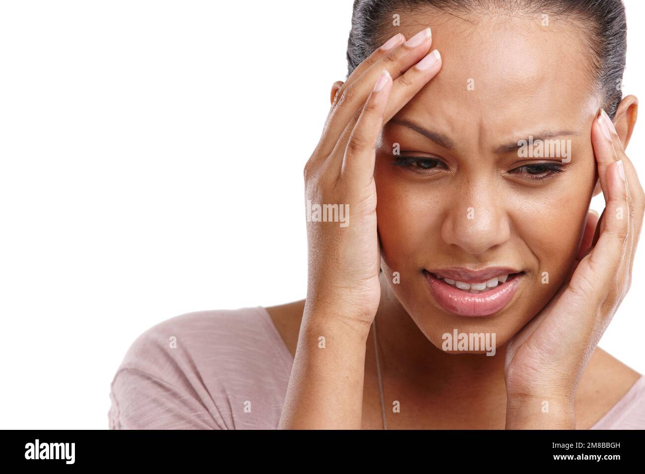 Headache, woman and face with pain, mental health with stress and